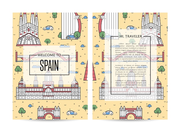 Spain traveling brochure template set in linear style