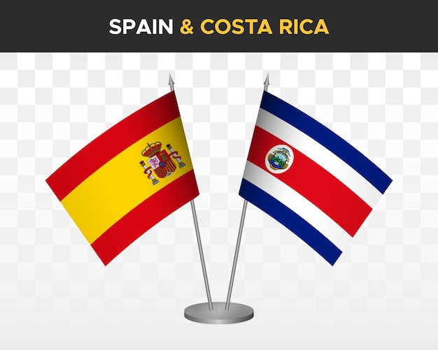 Spain vs costa rica desk flags mockup isolated 3d vector illustration Bandera de espana