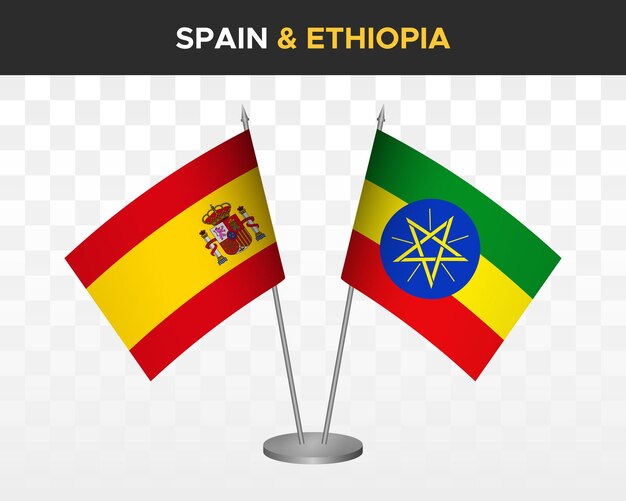 Spain vs ethiopia desk flags mockup isolated 3d vector illustration Bandera de espana