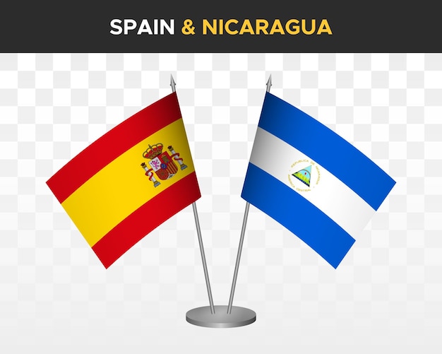 Spagna vs nicaragua desk flag mockup isolato 3d illustrazione vettoriale bandera de espana