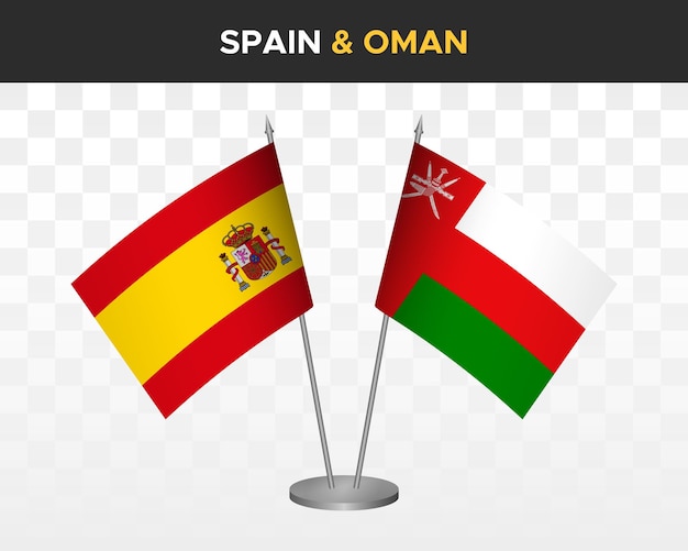 Spagna vs oman desk flag mockup isolato 3d illustrazione vettoriale bandera de espana