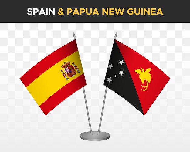 Spain vs papua new guinea desk flags mockup isolated 3d vector illustration bandera de espana