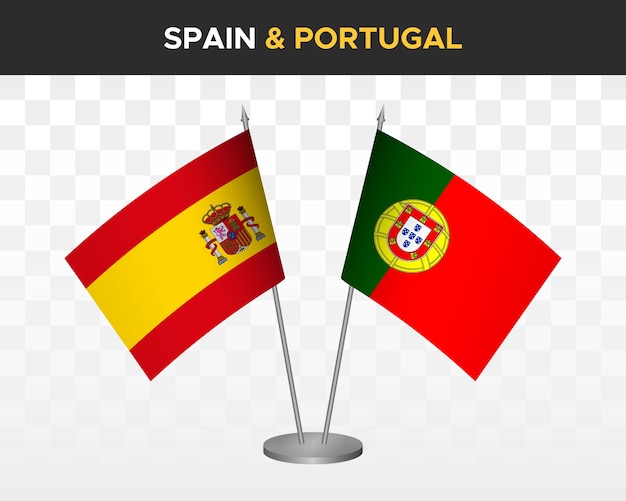 Spain vs portugal desk flags mockup isolated 3d vector illustration Bandera de espana