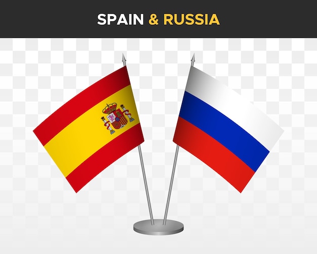 Spagna vs russia desk flag mockup isolato 3d illustrazione vettoriale bandera de espana