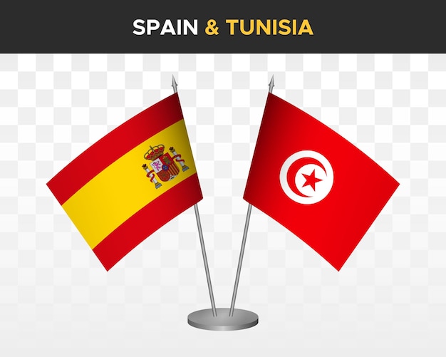 Spain vs tunisia desk flags mockup isolated 3d vector illustration Bandera de espana