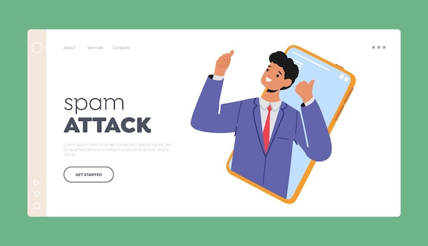 Spam Attack Landing Page Template Zakenman karakter duim opdagen op smartphone scherm