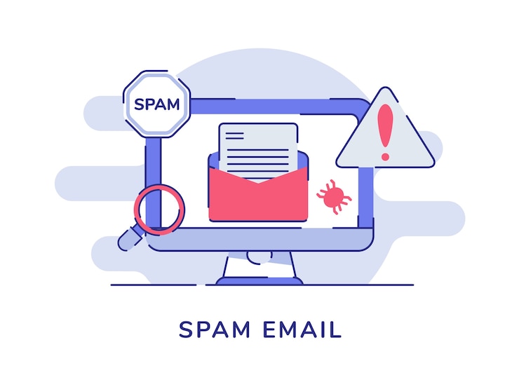Vector spam e-mail concept bug e-mail op het computerscherm witte geïsoleerde achtergrond weergeven
