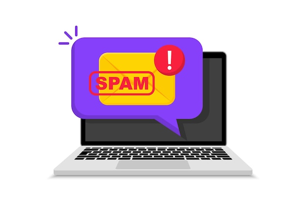 Vettore concetto di e-mail di spam messaggio di spam sullo schermo del laptop avviso e avviso di notifica di spam