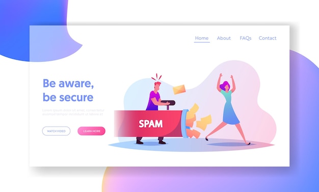 Spam and Info Garbage Landing Page Template. Tiny Male Character Shooting with Envelopes from Huge Pipe in Woman Escaping from Attack. Email Messages, Newsletters. Cartoon People Vector Illustration