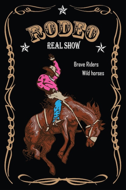 spandoekposter met een cowboyruiter zittend op een mustang van een wild paard en de inscriptie rodeo