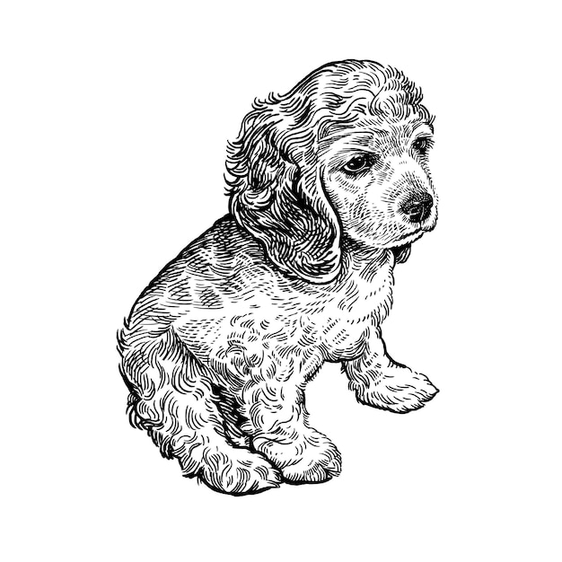 Вектор Собака-спаниель милый щенок черно-белый рисунок от руки