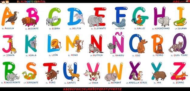 Spanish alphabet with cartoon animals set