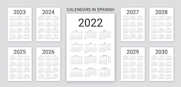 スペイン語カレンダー2022、2023、2024、2025、2026、2027、2028、2029、2030年。シンプルなポケットテンプレート。ベクトルイラスト。