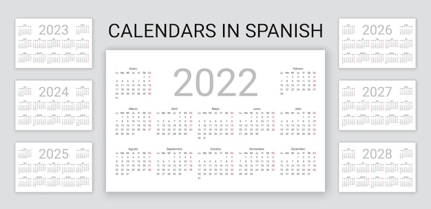 Vector spanish calendar 2022, 2023, 2024, 2025, 2026, 2027, 2028 years. simple pocket template. vector illustration.