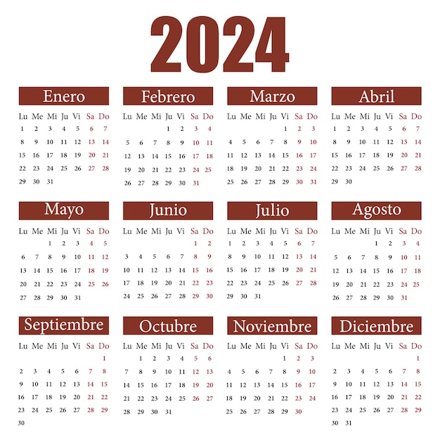 スペイン語カレンダー 2024 週は月曜日から始まりますベクトル図