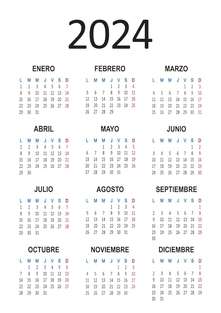 Spanish calendar 2024 year week starts on monday vector illustration