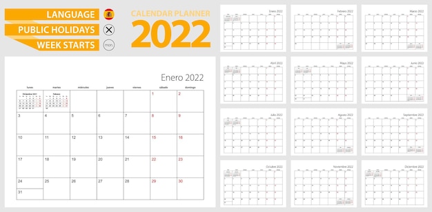 Планировщик испанского календаря на 2022 год. испанский язык, неделя начинается с понедельника.