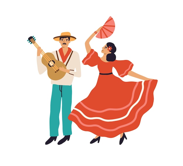 Spanish couple of man playing guitar and woman dancing flamenco in red dress. hispanic guitarist and passionate female dancer. colored flat graphic vector illustration isolated on white background.