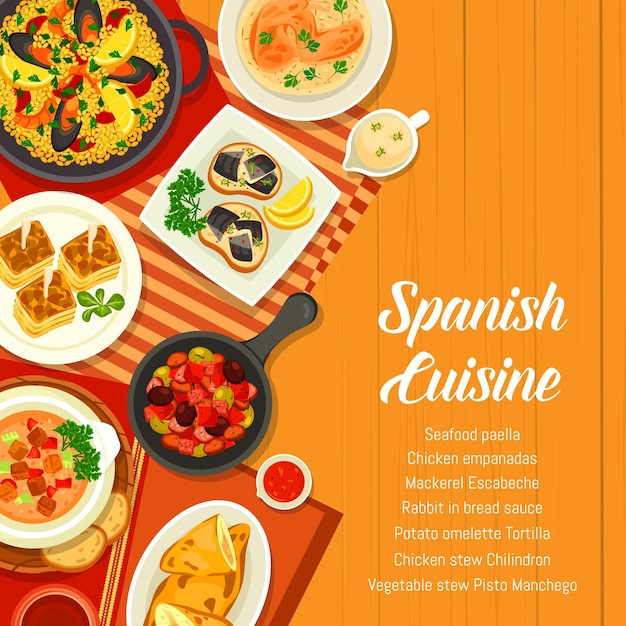 Vector spanish cuisine food dishes and meals menu cover