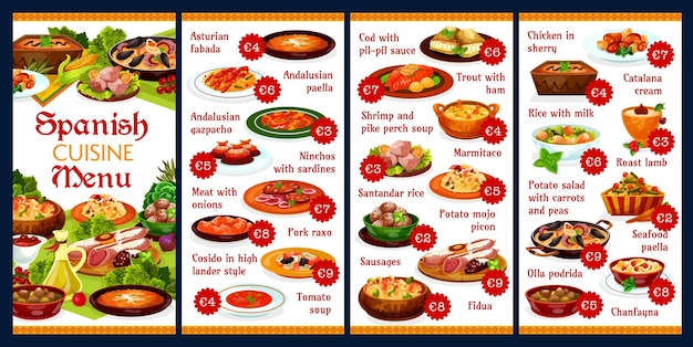 Vector spanish cuisine food menu or tapas paella seafood