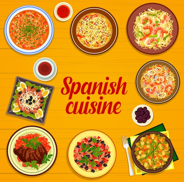 Spanish cuisine menu cover frame of Spain dishes