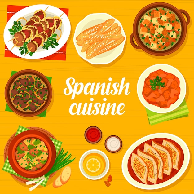 Spanish cuisine menu cover spain traditional tapas and food\
dishes vector spanish cuisine food lunch and dinner meals liver in\
garlic sauce chanfaina lamb vegetable stew and saffron almond\
soup