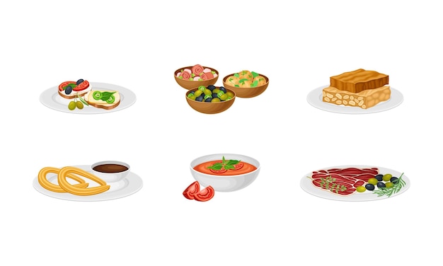 Испанская кухня с супом гаспачо и турроном из меда и орехов, подаваемыми на тарелках векторного набора