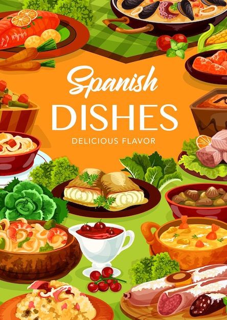 Vector spanish food cuisine menu tapas and paella dish