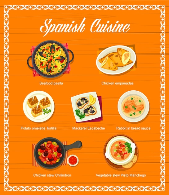 Vector spanish food menu spain cuisine restaurant dishes