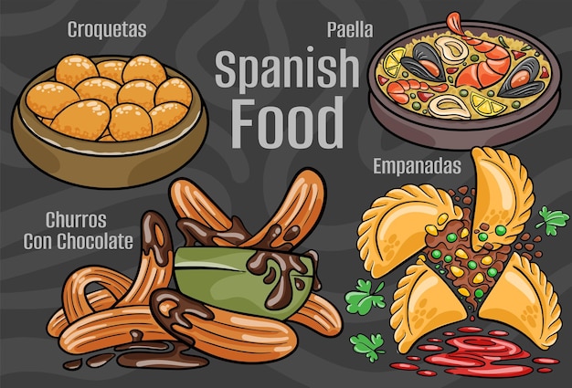 Spanish food A set of classic dishes Cartoon hand drawn illustration