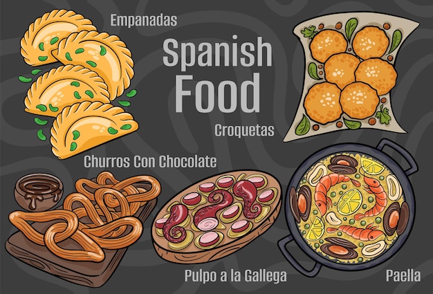 Spanish food A set of classic dishes Cartoon hand drawn illustration