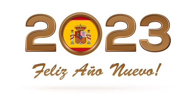 Spanish inscription - Happy New Year. Stylized inscription 2023 with coat of arms of Spain