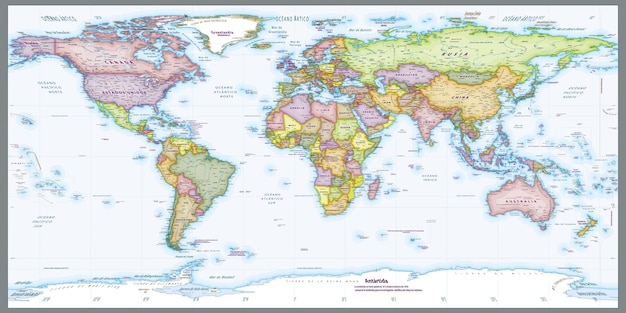 Vettore lingua spagnola mappa del mondo politica proiezione equirettangolare