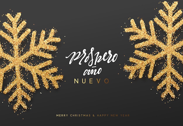 스페인어 문자 Feliz Navidad y Prospero ano Nuevo. 현실적인 밝은 눈송이와 크리스마스 배경