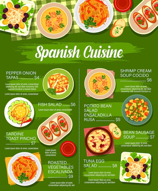 Vector spanish restaurant menu mediterranean food dishes