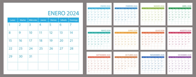 Vettore calendario vettoriale spagnolo pianificatore 2024 calendario mese calendario settimana inizia lunedì