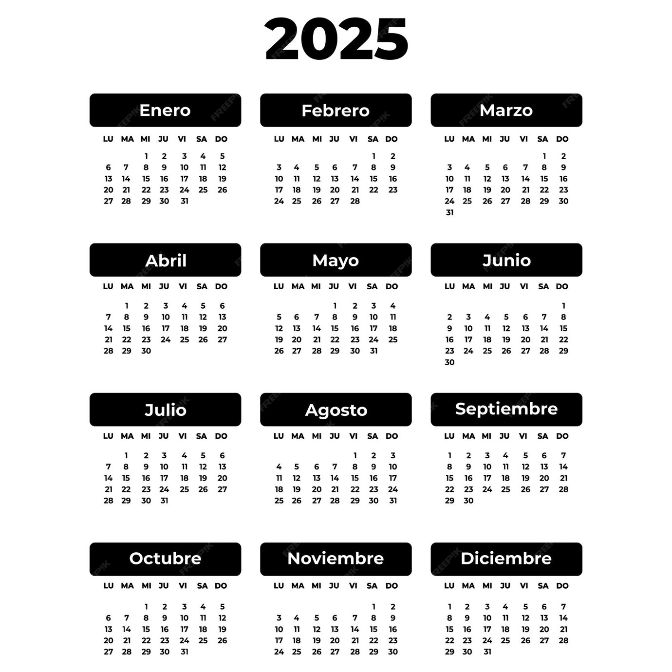 Premium Vector Spanish vertical calendar for 2025 year Large bold font Isolated vector