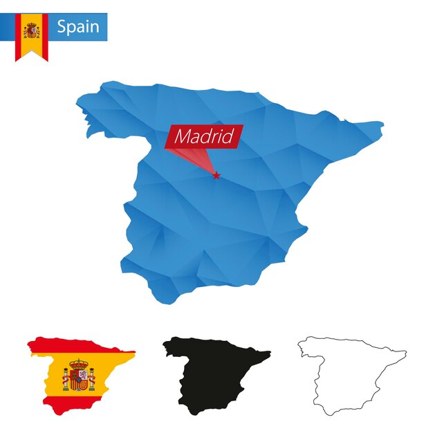 Spanje blauwe low poly kaart met hoofdstad madrid