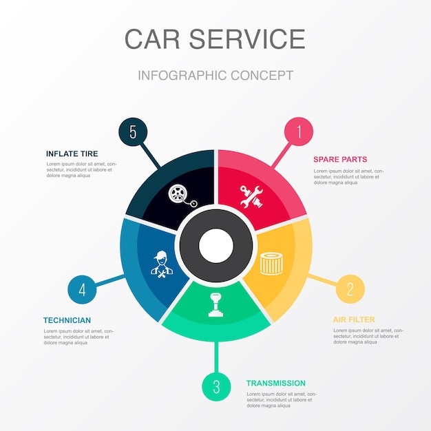 Spare parts air filter Transmission technician inflate tire icons Infographic design template Creative concept with 5 steps