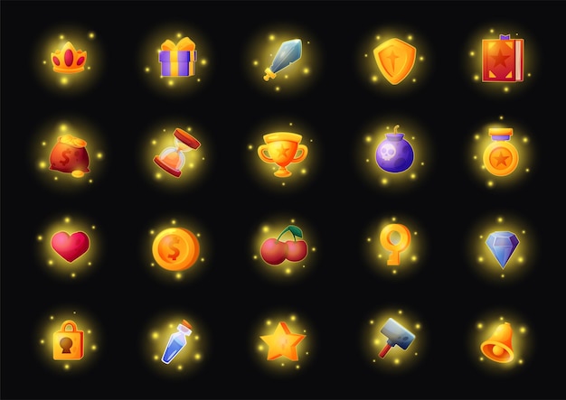 Spark game icons Magic casino objecten RPG prijs en gouden kroon Mobiel geld Glow bekers en edelstenen Beloningsbeker Glinsterend zwaard en schild Sleutel en slot Vector recente GUI-elementen set