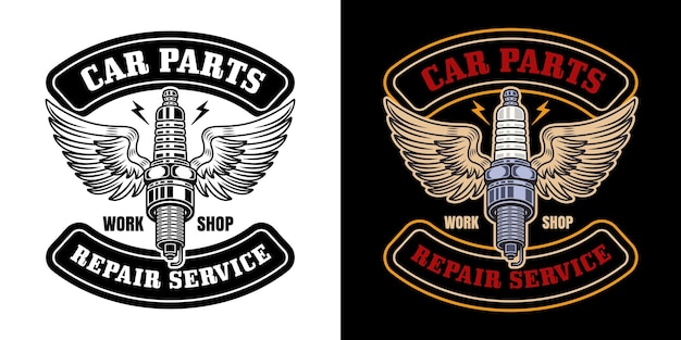 Spark plug with wings vector emblem logo badge label sticker in two styles black on white and colorful on dark background