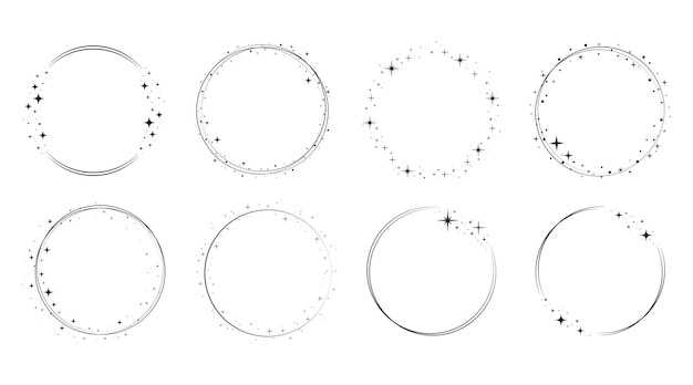 Insieme della struttura del cerchio della stella della scintilla. bordo di polvere di stelle ad anello corona per feste, decorazioni di compleanno. cornice di alloro con brillantezza cosmica di scintillio. illustrazione vettoriale piatto nero isolato.