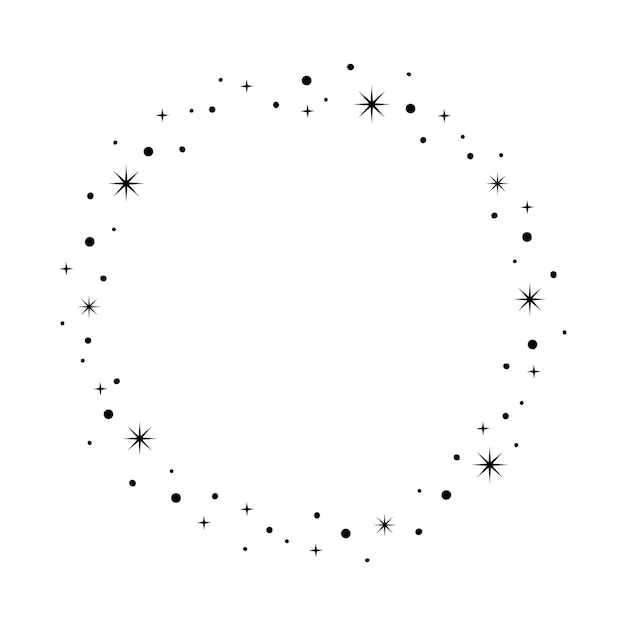 Сверкающая рамка круга звезды. Венок круглый бордюр звездной пыли для вечеринки, дизайн декора дня рождения. Лавровая оправа с космическим блеском. Изолированная черная плоская векторная иллюстрация.