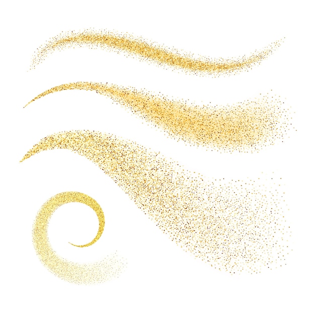 Polvere di stelle scintillanti. onde scintillanti dorate con particelle d'oro isolate su sfondo bianco. modello di disegno di illustrazione vettoriale.