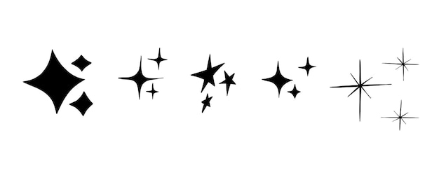 Искрящиеся мерцающие звезды каракули символы. набор векторных блестящих звездочек. яркий волшебный фейерверк, блестящий