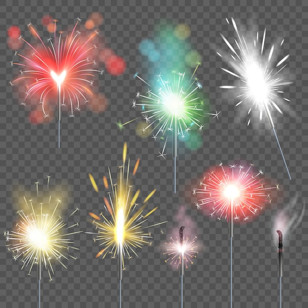 Sparkler sprankelende viering van Kerstmis Nieuwjaar partij sparklets illustratie set sprankelde vuurwerk spark Bengalen branden op verjaardag geïsoleerd op transparante achtergrond