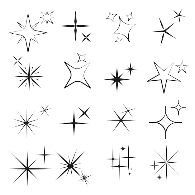 Sparkles lijn pictogrammen. zwarte schittert symbolen op witte achtergrond. vector illustratie