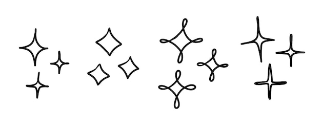반짝 별 낙서 반짝임 기호. 벡터 스파클 아이콘의 집합입니다. 찬란한 불꽃, 빛나는 섬광