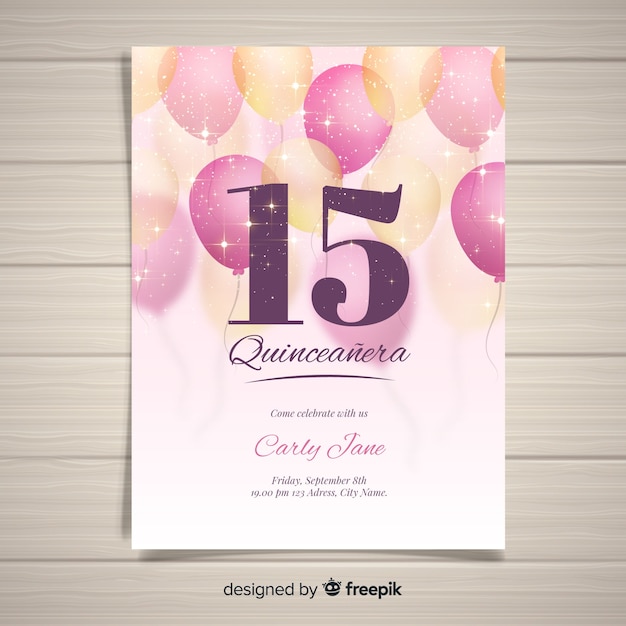 Sparkling balloons quinceanera card template