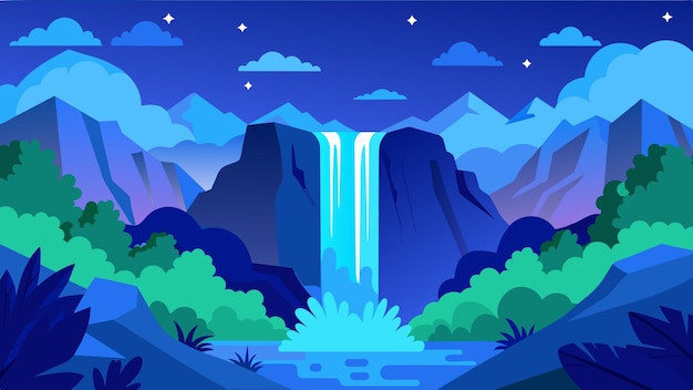 Vector a sparkling blue waterfall cascading down a mountainside surrounded by lush vegetation and protected